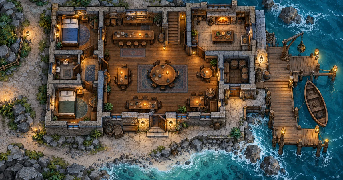 Top-down coastal inn battlemap with clear rooms, doors, corridors and lantern light for Foundry VTT