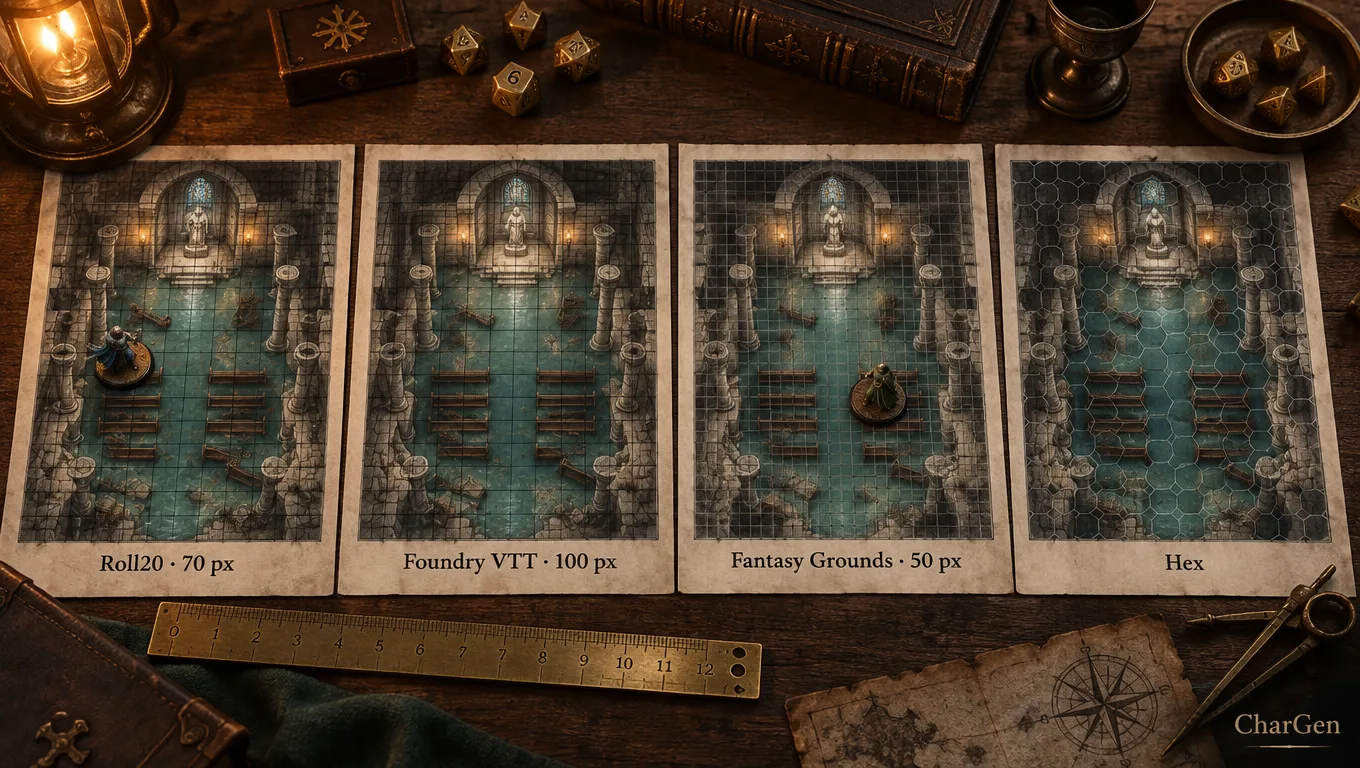 Four copies of a flooded chapel battlemap labelled with Roll20 70 px, Foundry VTT 100 px, Fantasy Grounds 50 px and hex grid export presets