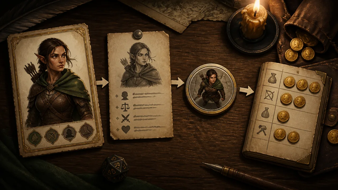 A connected campaign budget board showing character portraits, NPC cards, a token crop, and Gold costs for one D&D chapter