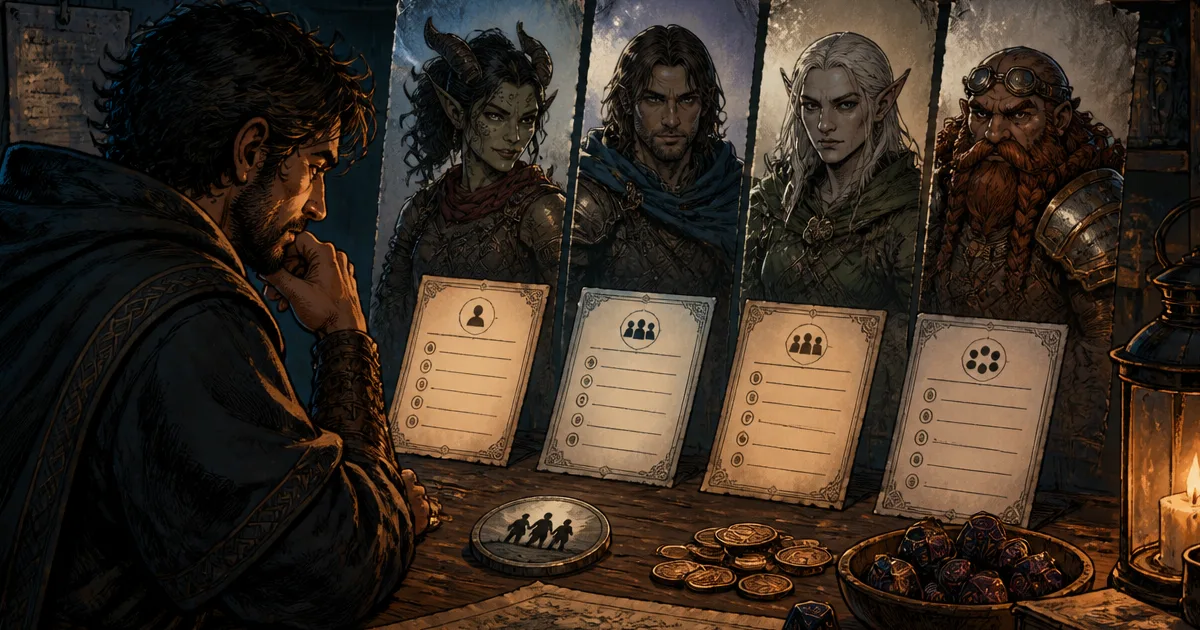 A Dungeon Master compares AI character generator plans beside fantasy portraits, tokens, and a campaign budget notebook