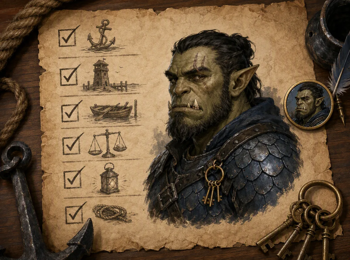 A D&D character prompt anchor checklist beside a portrait, token crop, and campaign colour notes