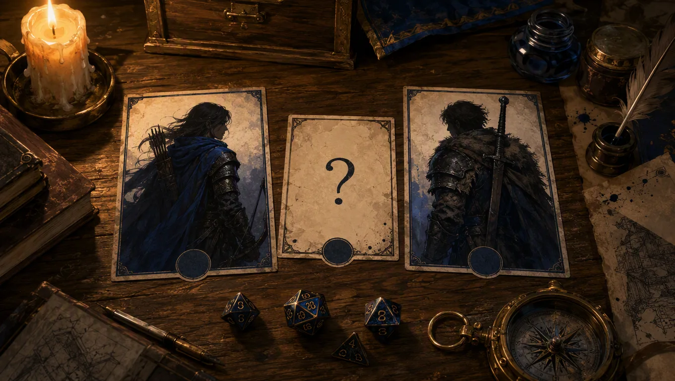 Two anonymous fantasy character portraits used for a blind model test, with the same D&D prompt card beside both results