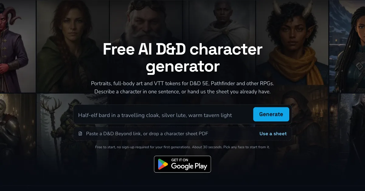 CharGen Character Generator with a prompt box, Generate button, and Use a sheet option