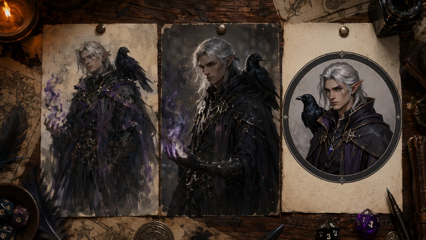 Fantasy character art model comparison board with one elven warlock shown in three different visual styles