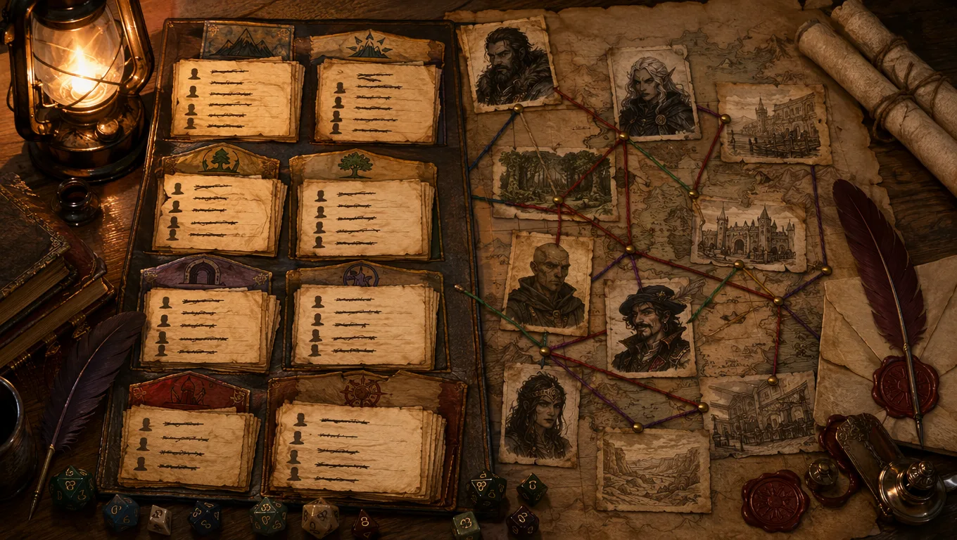 Fantasy game master prep image showing a practical name bank workflow with parchment cards, used names, dice, and NPC portraits