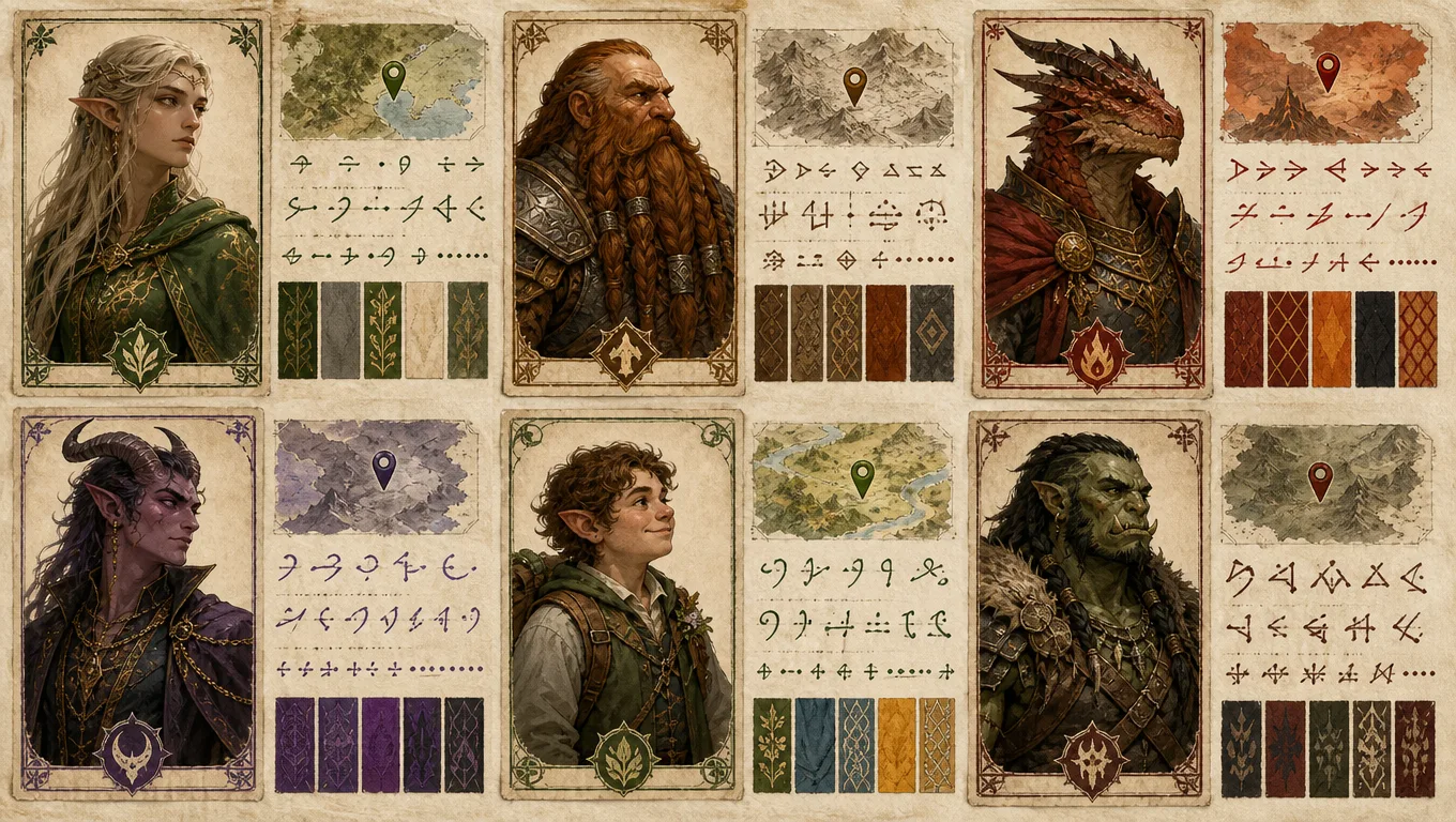 Editorial fantasy comparison visual for D&D name generation across species and cultural styles with portrait cards and map pins