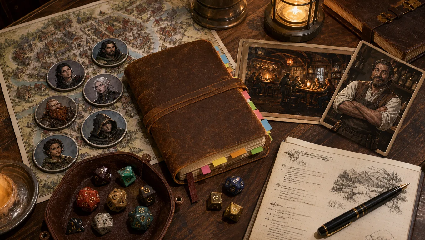 Fantasy tabletop handoff image showing generated names becoming NPC tokens, town map notes, tavern cards, and campaign assets