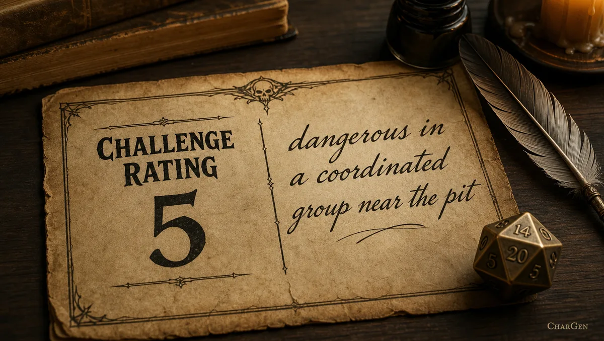 An aged parchment monster stat sheet where the printed Challenge Rating numeral gives way to handwritten prose reading dangerous in a coordinated group near the pit