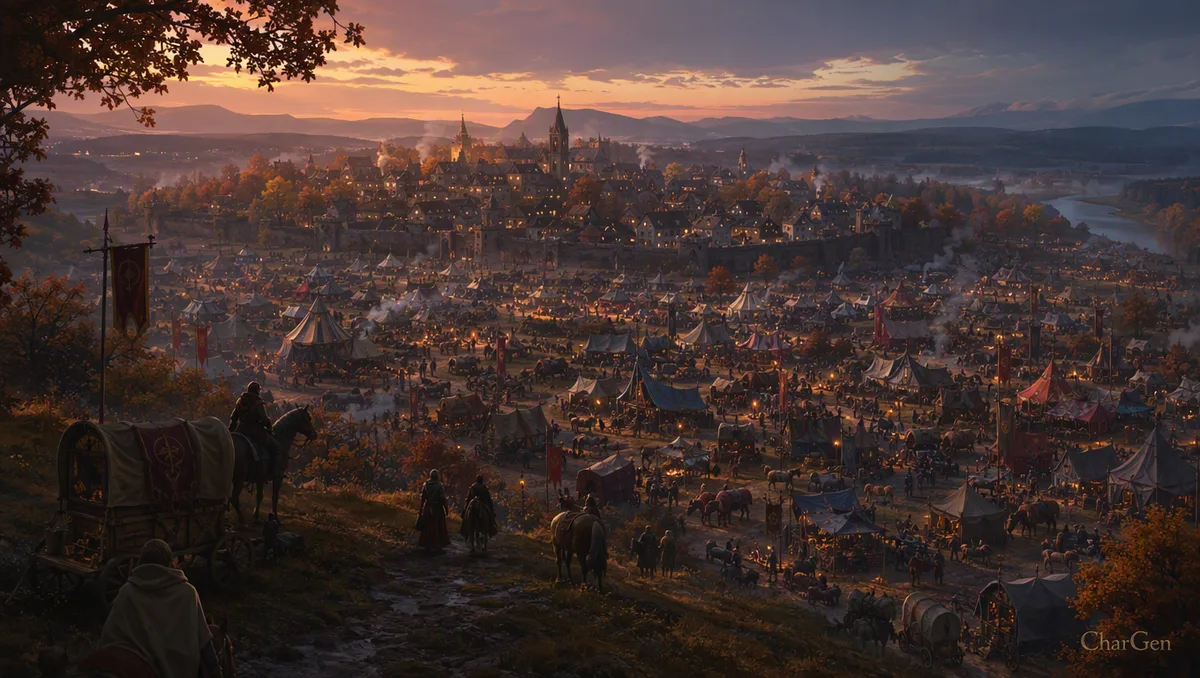 A modest fantasy market town at dusk dwarfed by a sprawling seasonal caravan encampment of tents and wagons outside its walls