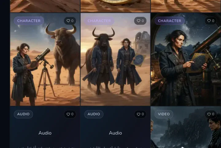 A CharGen Studio lesson shows prompt variants and generated character results side by side