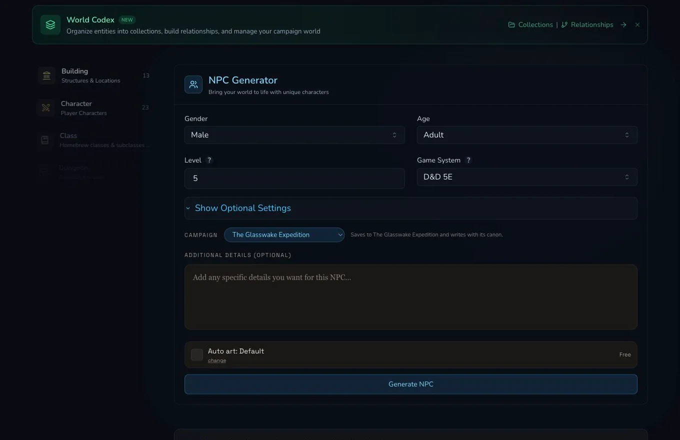 A CharGen Workshop lesson shows the NPC Generator form with a campaign selector and optional settings