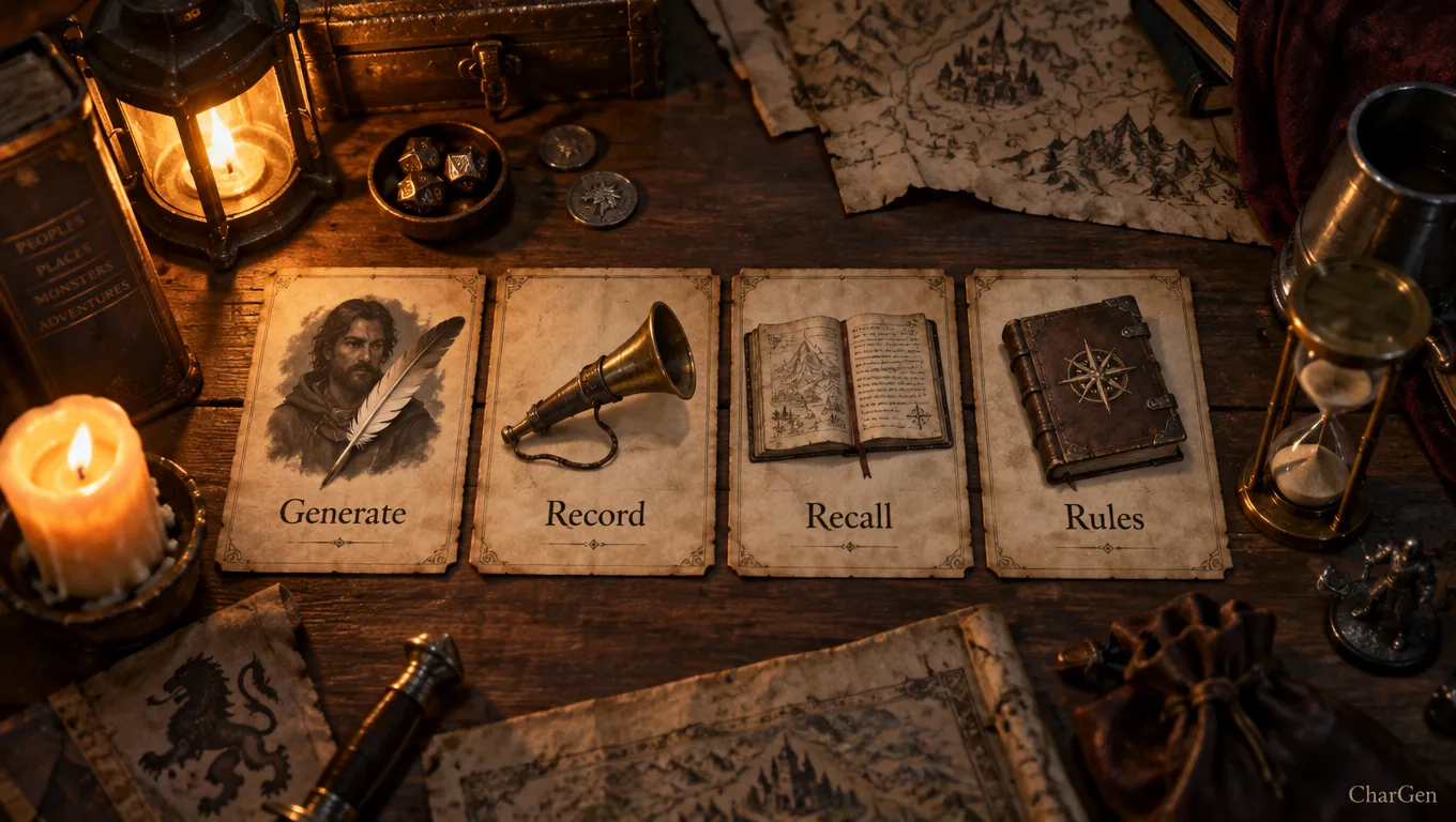 A dungeon master's lantern-lit prep table with four parchment cards labelled Generate, Record, Recall and Rules beside a half-run brass hourglass