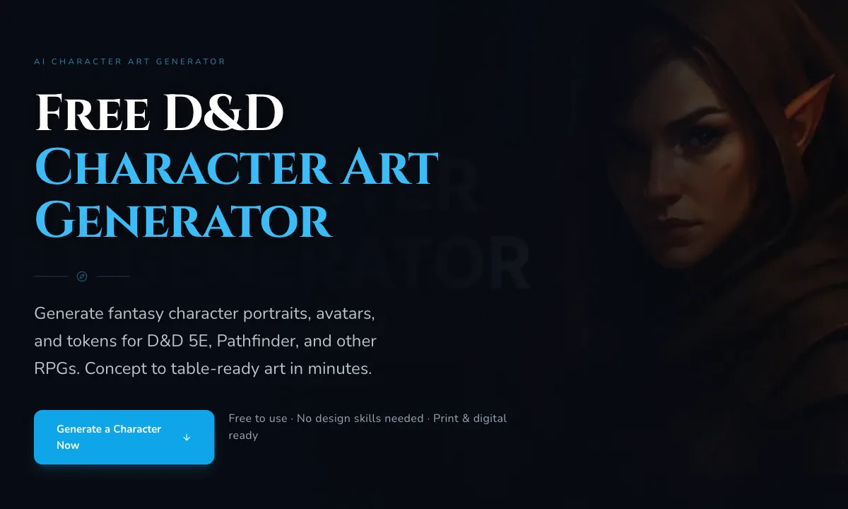 CharGen character art page screenshot showing D&D character art generator options for fantasy portraits