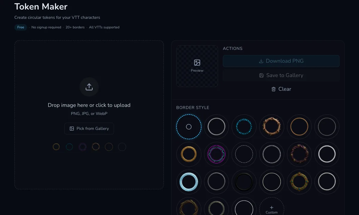 CharGen token maker page screenshot showing the VTT token workflow for fantasy character portraits