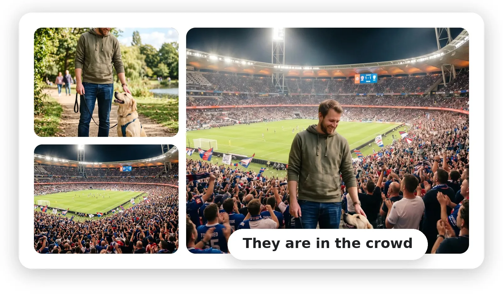 Man walking a golden retriever merged with a packed football stadium crowd into one photo of them together in the stands