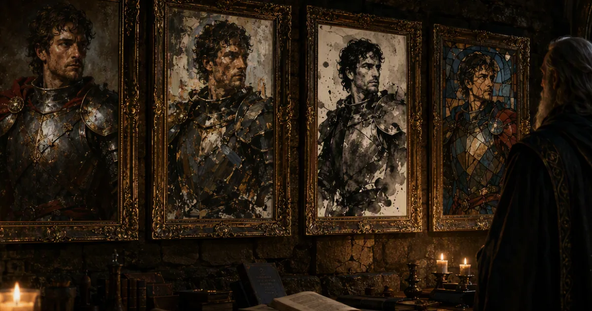 Four framed portraits of the same armoured knight in different painting styles, lit by candlelight in a wizard's study