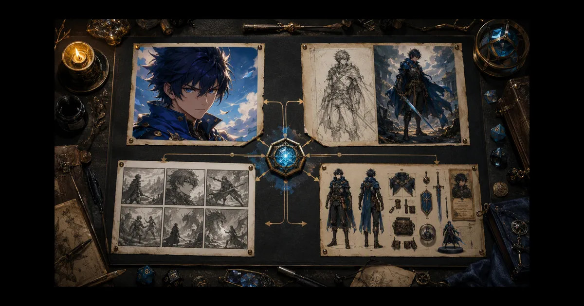 A D&D creator's workflow board with a character portrait, rough sketch, storyboard panels, and tabletop game assets