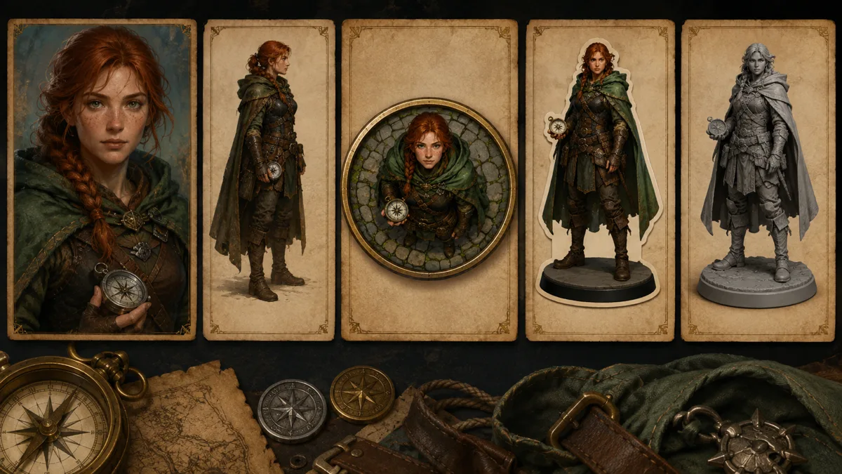A D&D character asset workflow with a consistent hero portrait, profile, virtual tabletop token, standee, and miniature reference