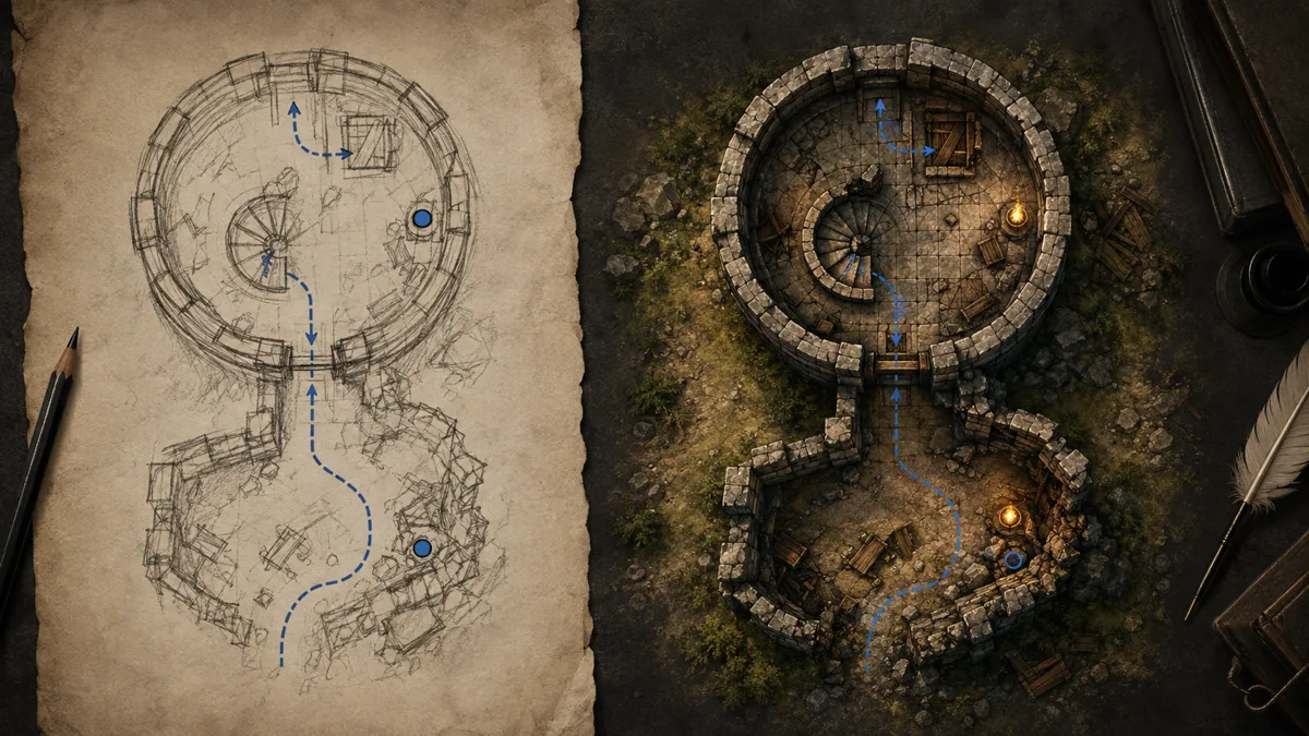 A rough D&D map sketch beside a finished tactical battlemap with matching rooms, routes, doors, and boundaries