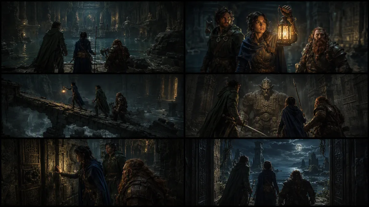 A six-panel D&D storyboard sheet showing the same adventuring party entering a flooded temple, meeting a guardian, and opening a hidden door