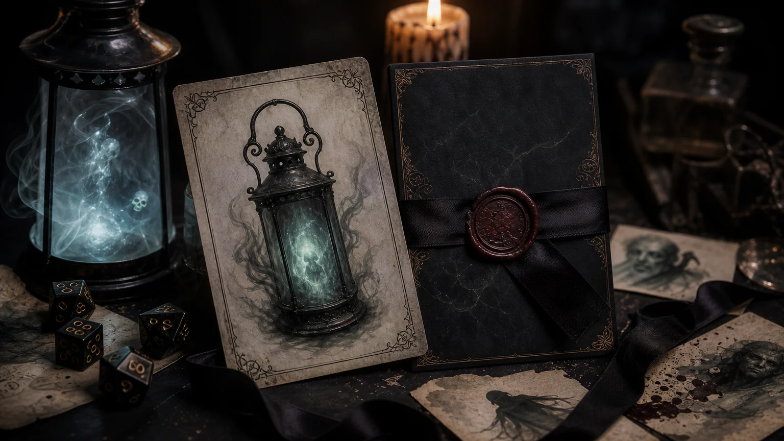 Cursed magic item card set showing a player-facing relic card beside a sealed DM-only curse note, with dice and candlelit table props