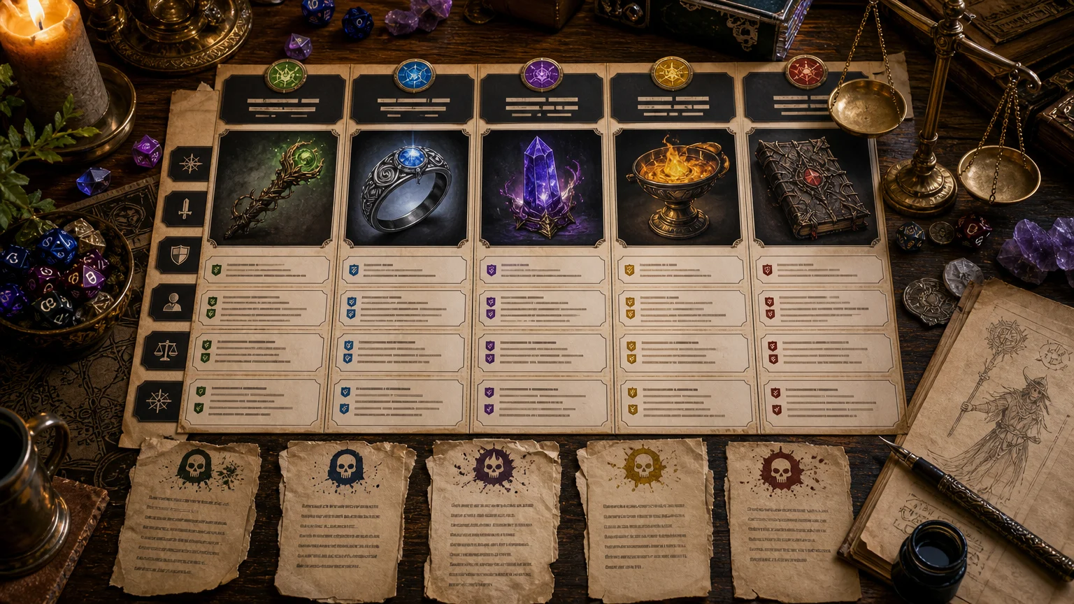 Fantasy comparison board showing AI magic item generator tool cards with rarity badges, curse notes, and item artwork