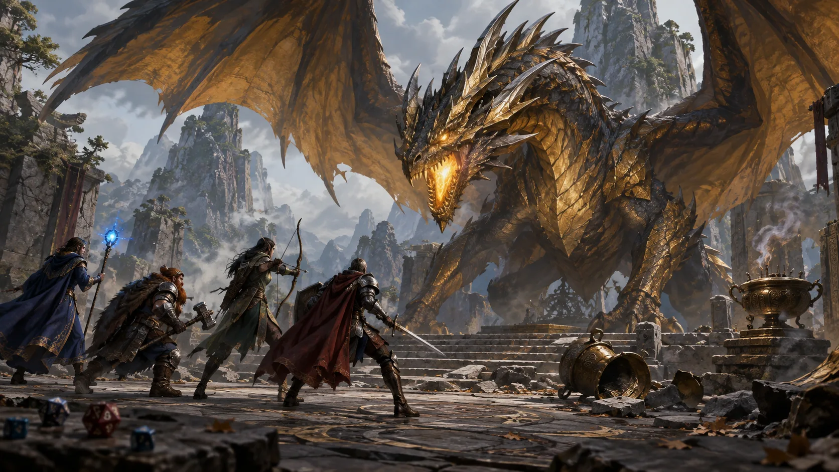 A brass drake confronts four adventurers in a ruined shrine, with clear combat silhouettes