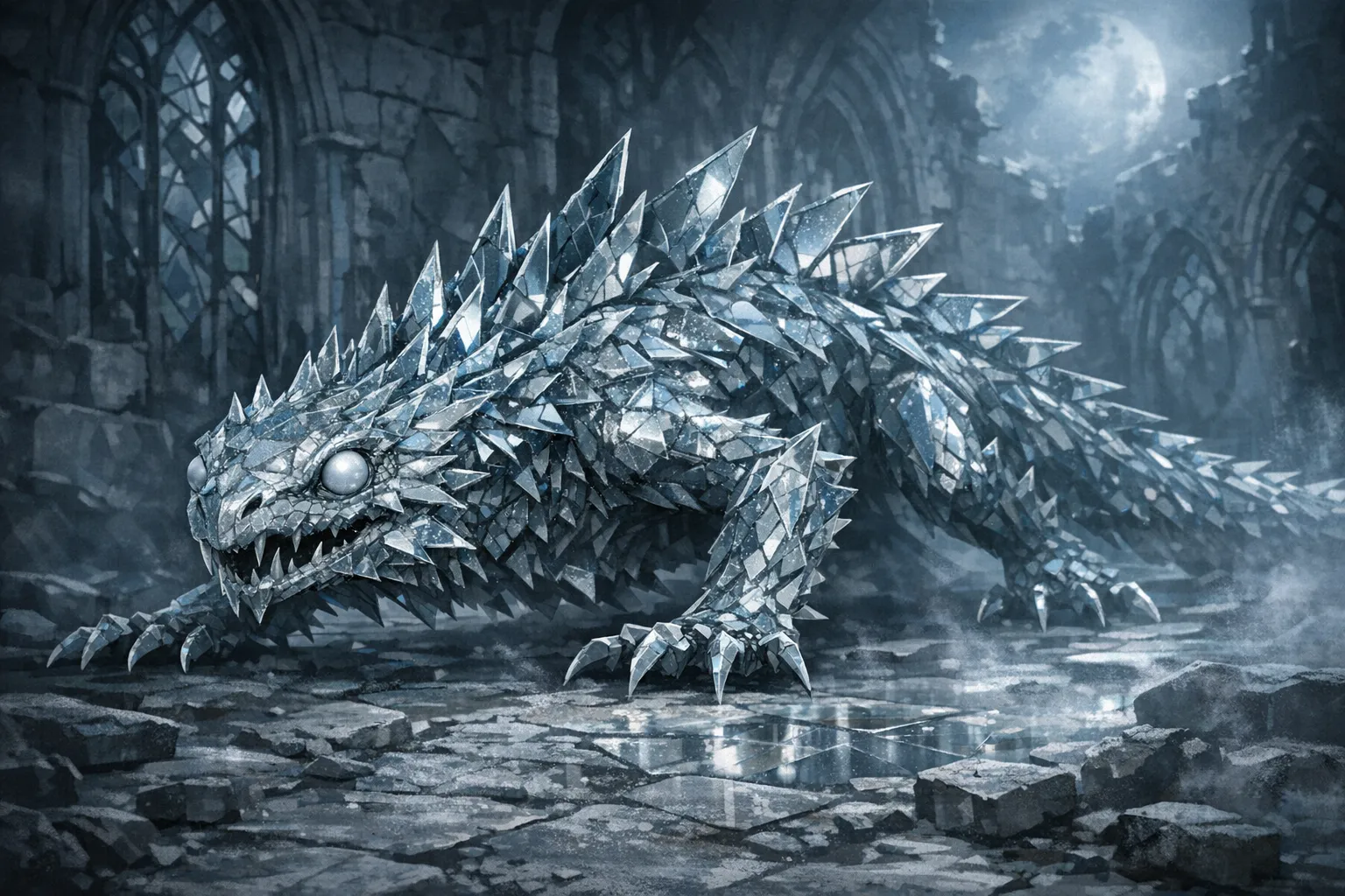 Crystalline basilisk in moonlit ruins with fractured mirror plates and pearl eyes