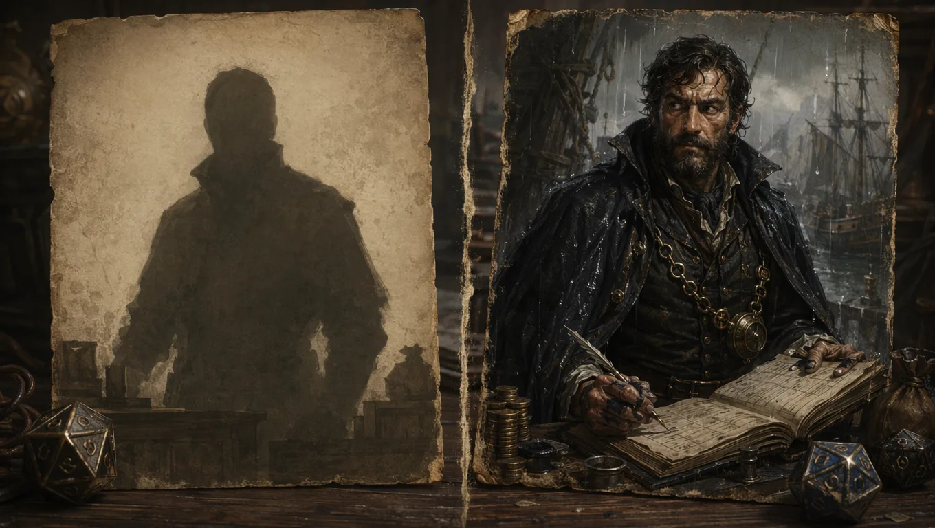 Before and after AI NPC generator example showing a vague merchant becoming a memorable harbour quartermaster