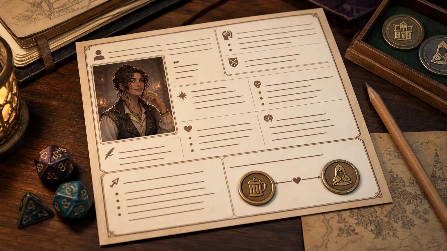 AI NPC generator recipe card with portrait, relationship strings, dice, and campaign notes
