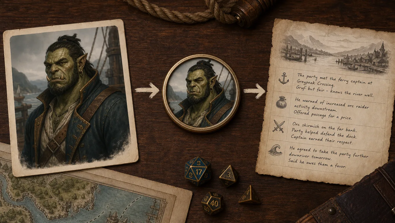 AI NPC portrait becoming a circular VTT token beside a session recap note and map