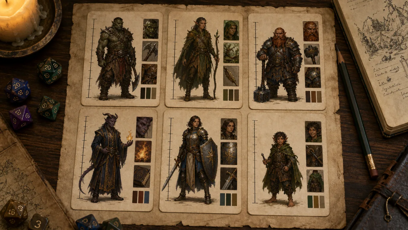 AI party portrait generator roster workflow showing fantasy character cards arranged for a D&D group portrait
