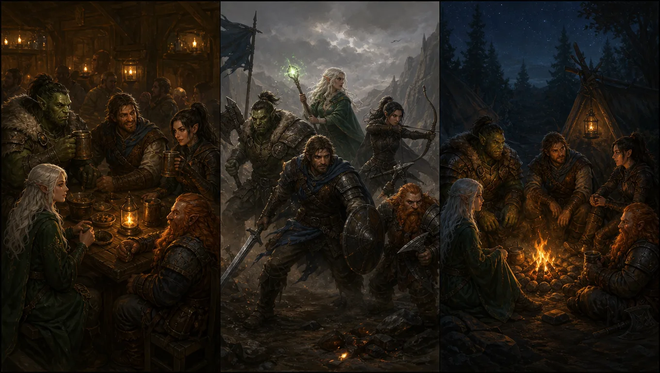 AI party portrait generator scene presets showing the same fantasy adventuring party in tavern, battle, and campfire moods