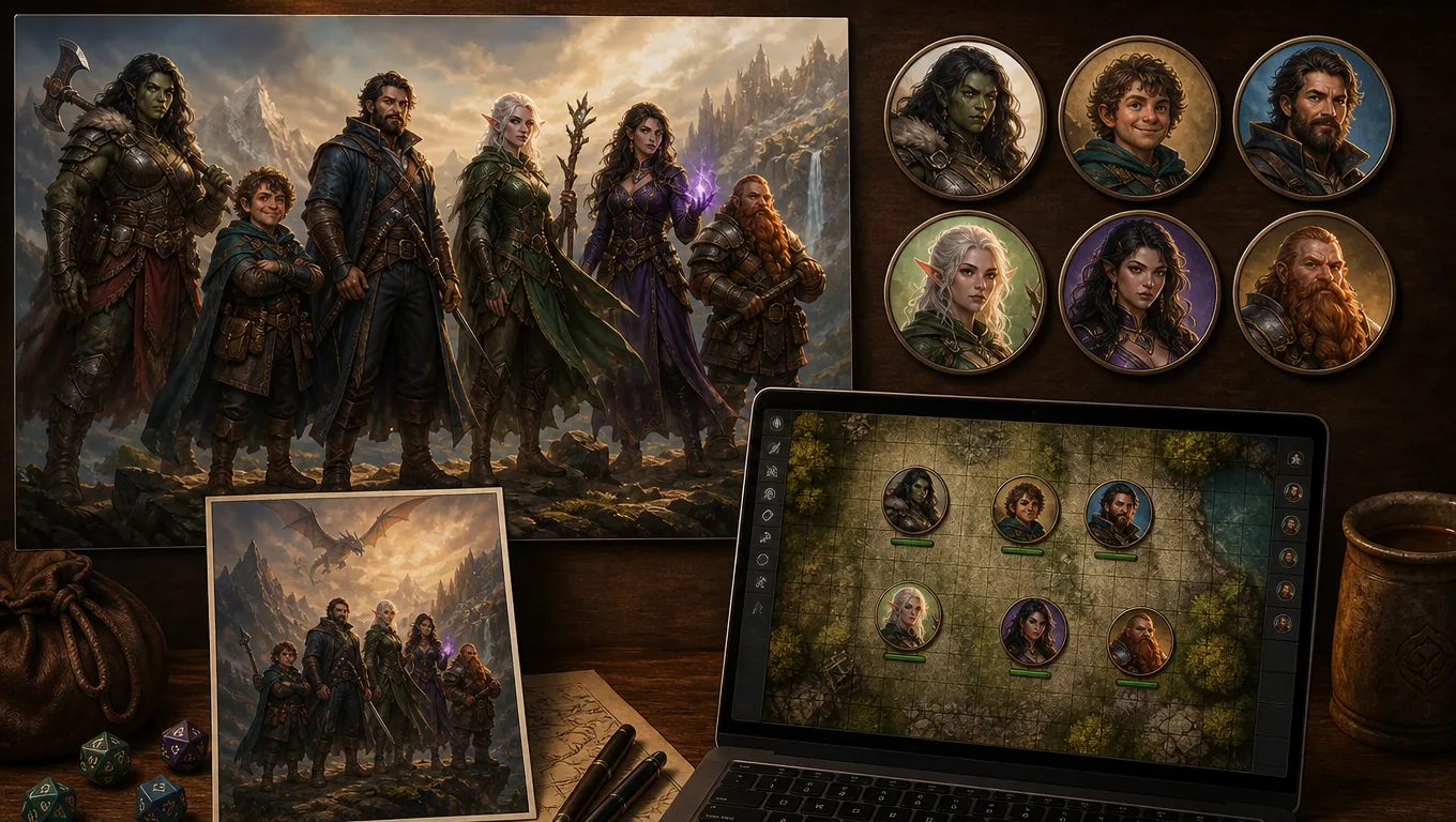 AI party portrait generator VTT handoff showing a fantasy group portrait beside circular tokens and campaign assets