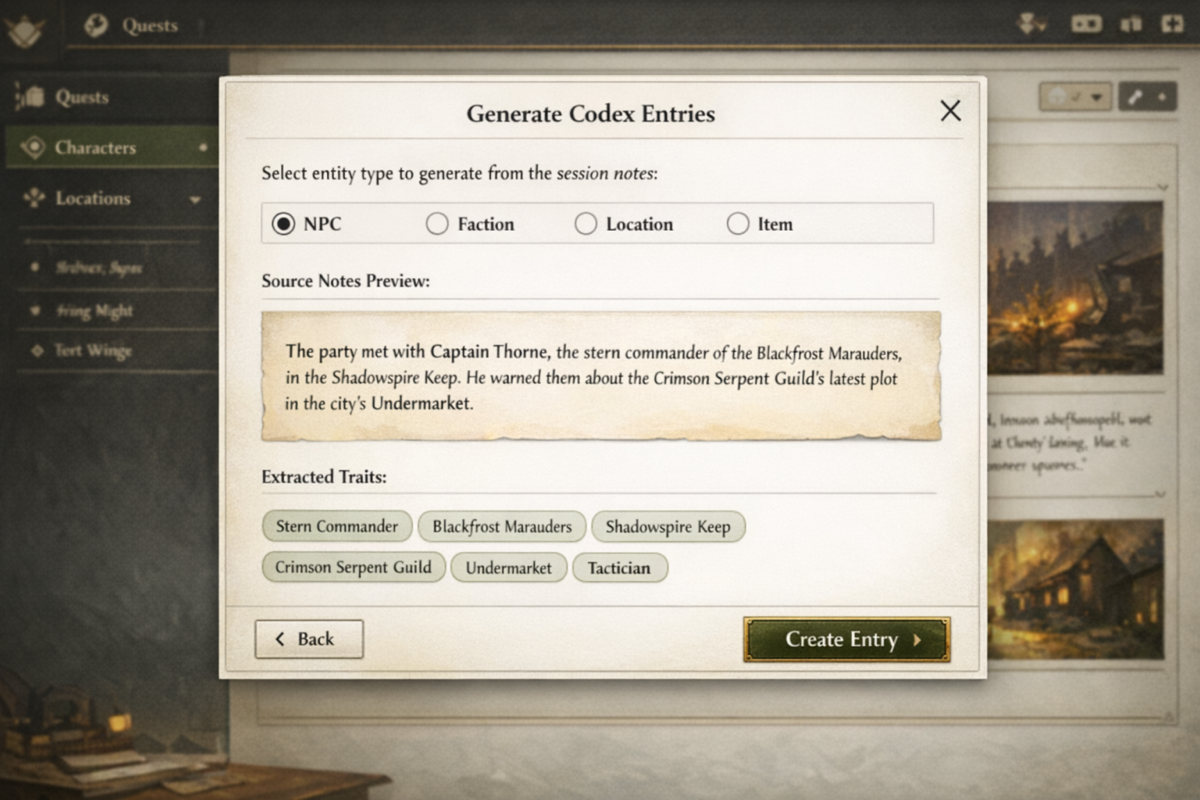 World Codex generation dialog used for converting campaign notes into new entities