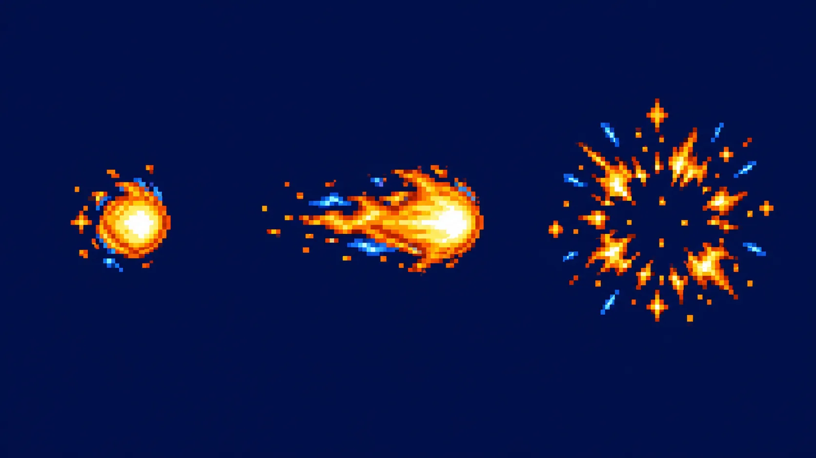 Three stages of a pixel-art fireball: forming, flying and bursting