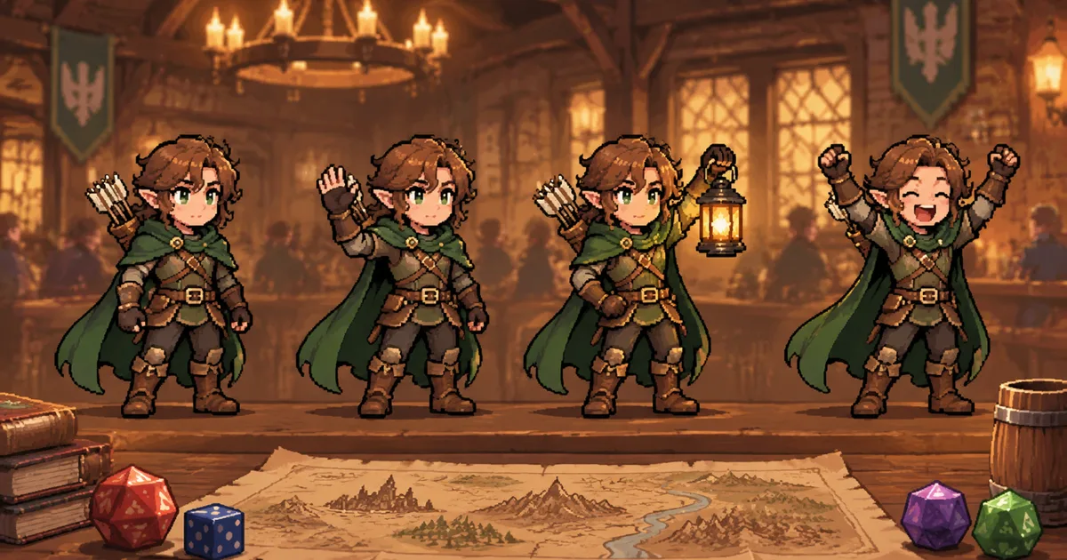 A green-cloaked ranger shown in four matching pixel-art poses inside a tavern