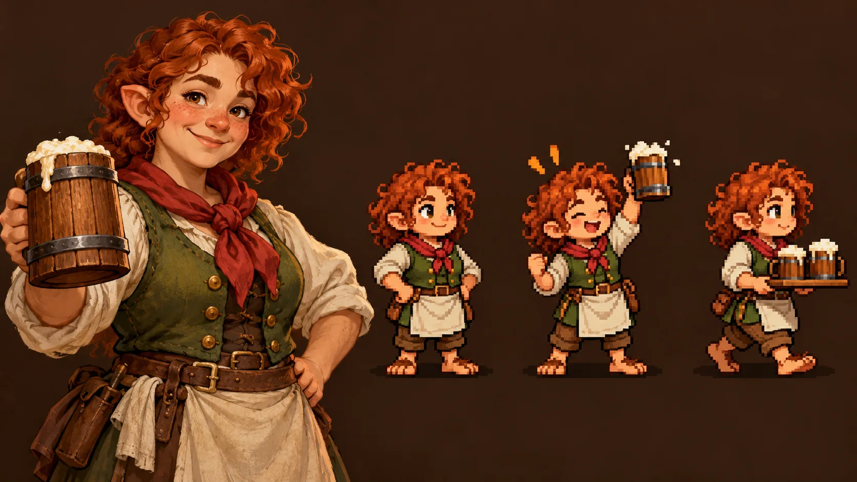 A tavern keeper's portrait beside three matching pixel-art poses, including a tankard toast