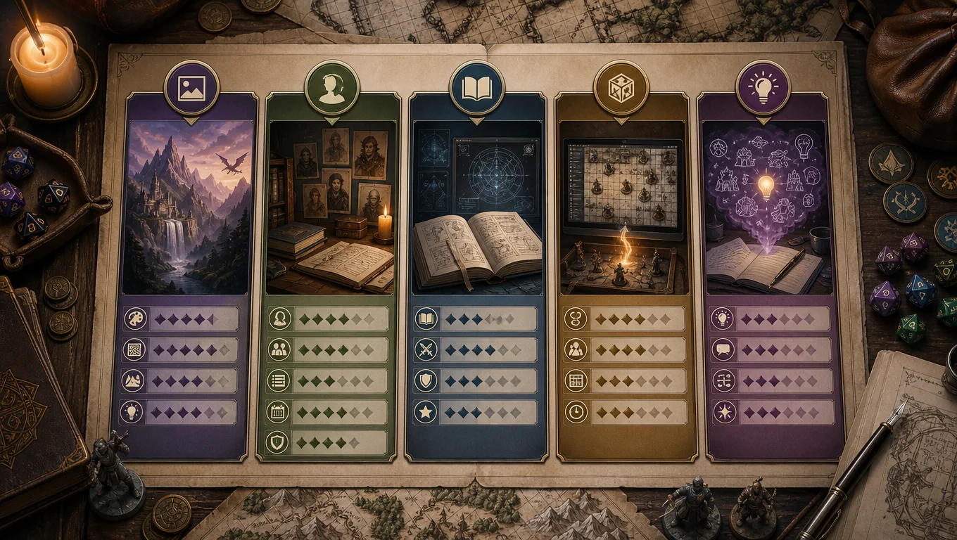 AI TTRPG tools comparison board showing visual assets, campaign memory, rules reference, VTT handoff, and brainstorming lanes