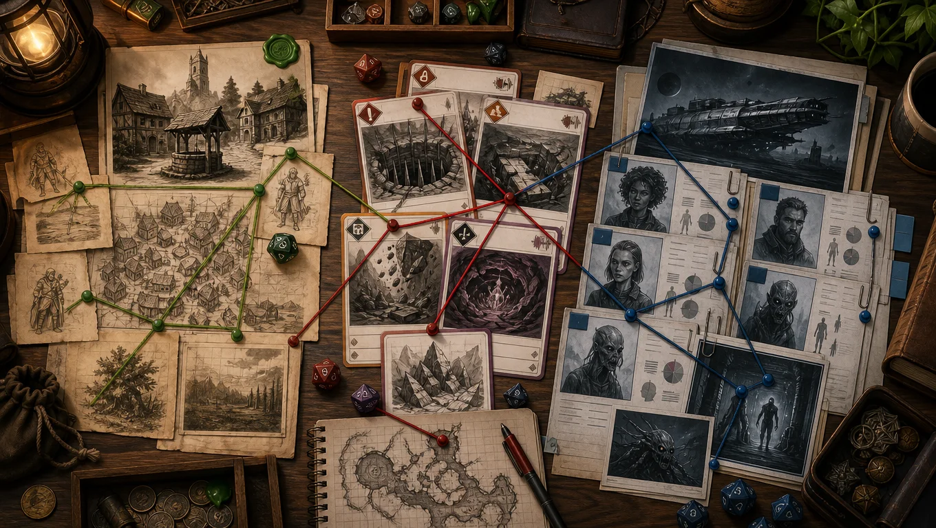 System-agnostic AI TTRPG workflow image showing D&D notes, Pathfinder hazard cards, and sci-fi horror dossiers linked on a game master desk