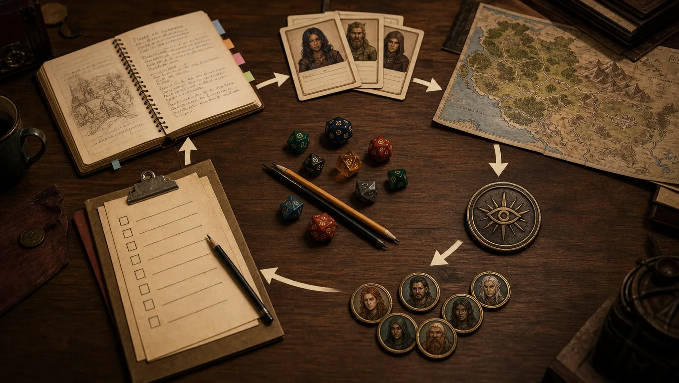 AI TTRPG tools session loop showing recap notes, NPC cards, region map, faction symbol, tokens, and next-session prep arranged around dice