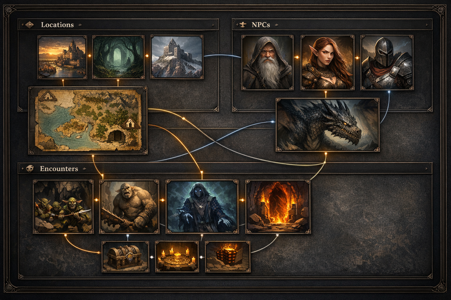 Session linking view showing how generated content connects to recap and campaign memory