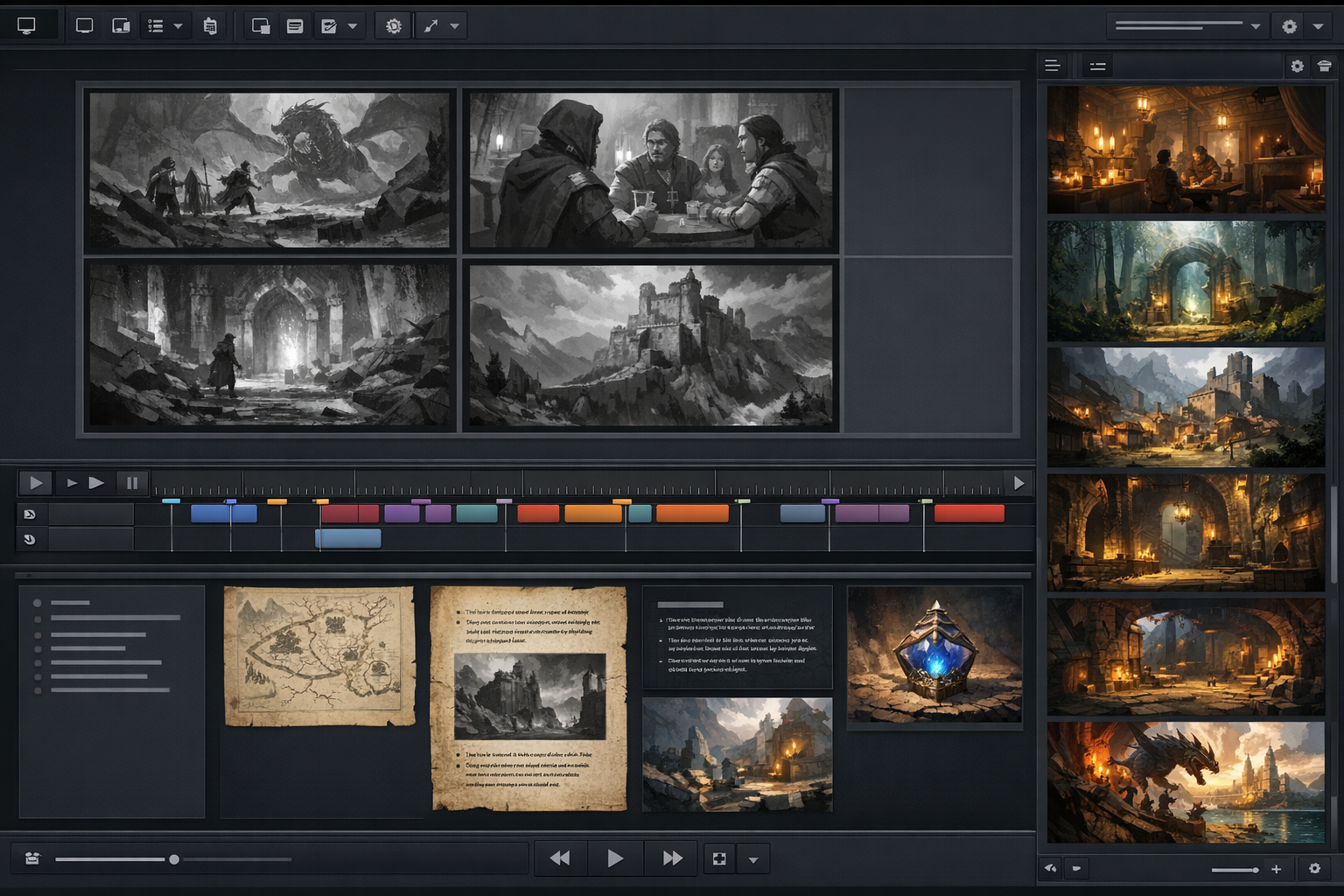 CharGen dashboard view for linking generated visuals with campaign prep and scene timing