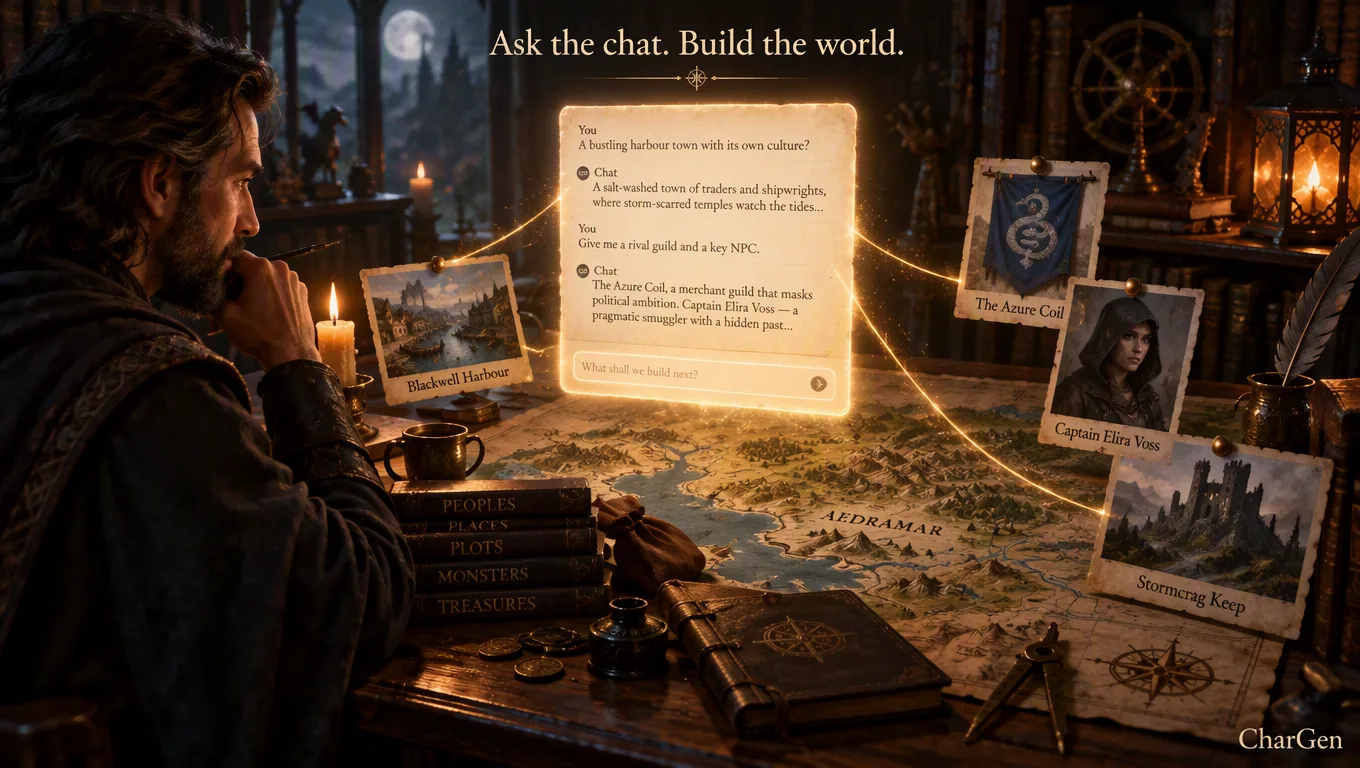 A game master at a candlelit desk asking a glowing chat window about a world atlas, with golden threads linking the chat to a harbour town, a guild crest and an NPC portrait
