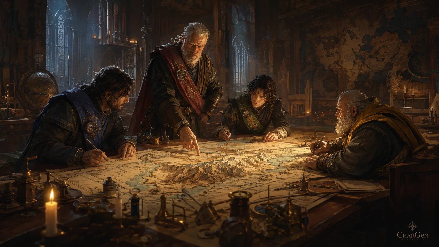 Four fantasy scribes working together around one large shared map table in a cartographers guild hall
