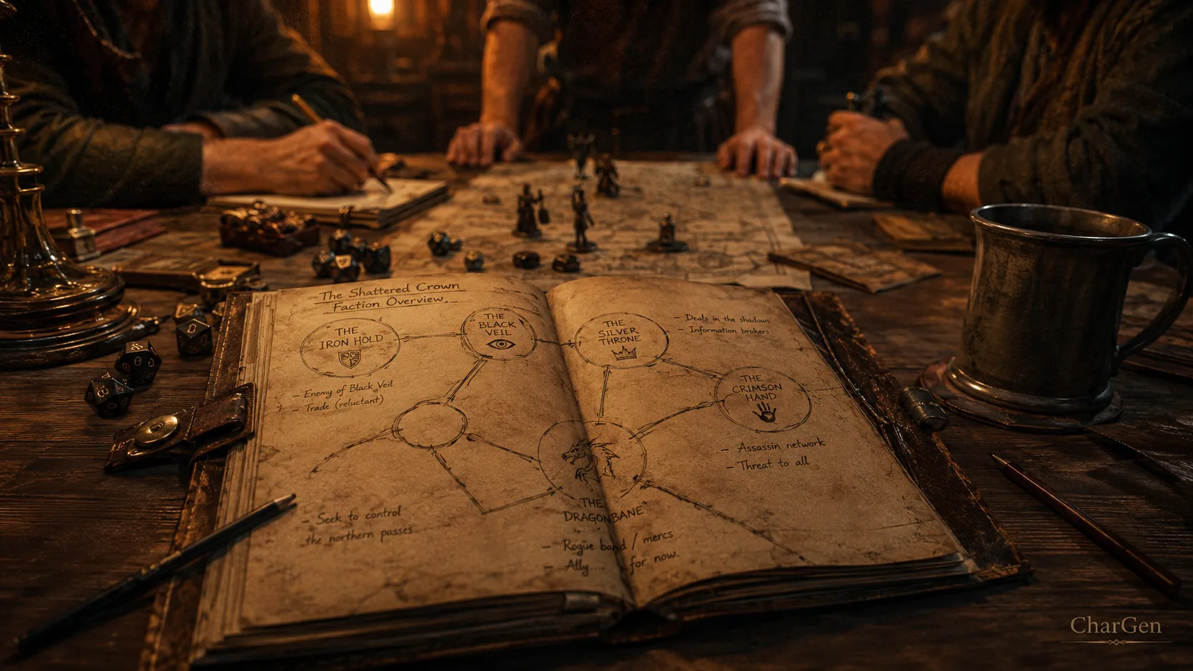 Open campaign ledger with a hand-drawn faction diagram on a table during a roleplaying session