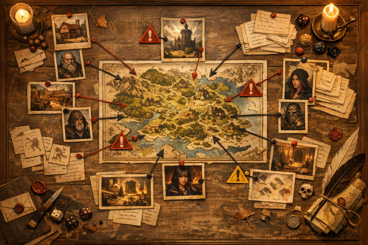 Session planning board linking region hubs, NPC anchors, and recap-ready campaign notes