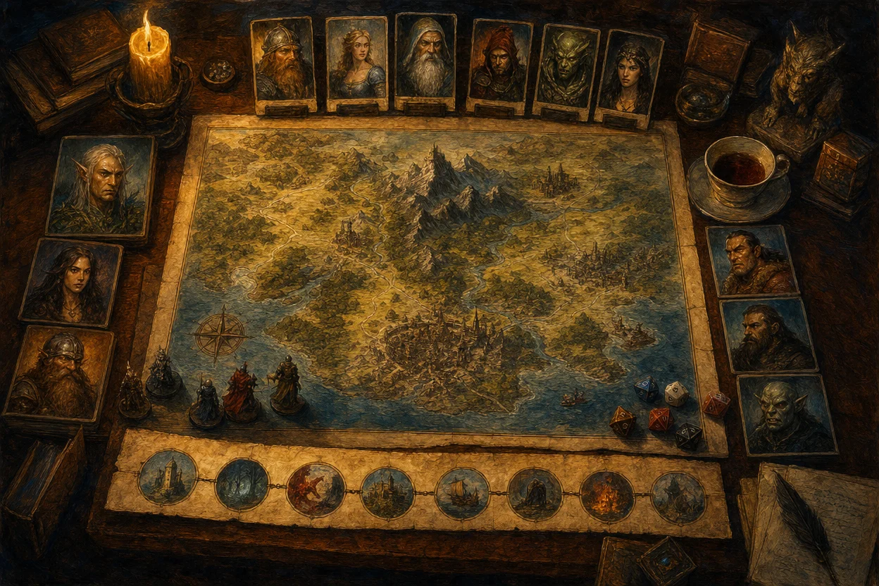 An overhead view of a dungeon master's dashboard table, a large hand-drawn campaign map in the centre, NPC portrait cards arranged around it, a timeline ribbon of session icons running along one edge, dice, a tea cup, lit by warm amber light