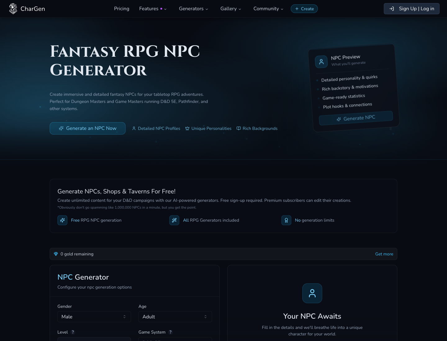 NPC Generator setup used to define role, age, and quick description before token conversion