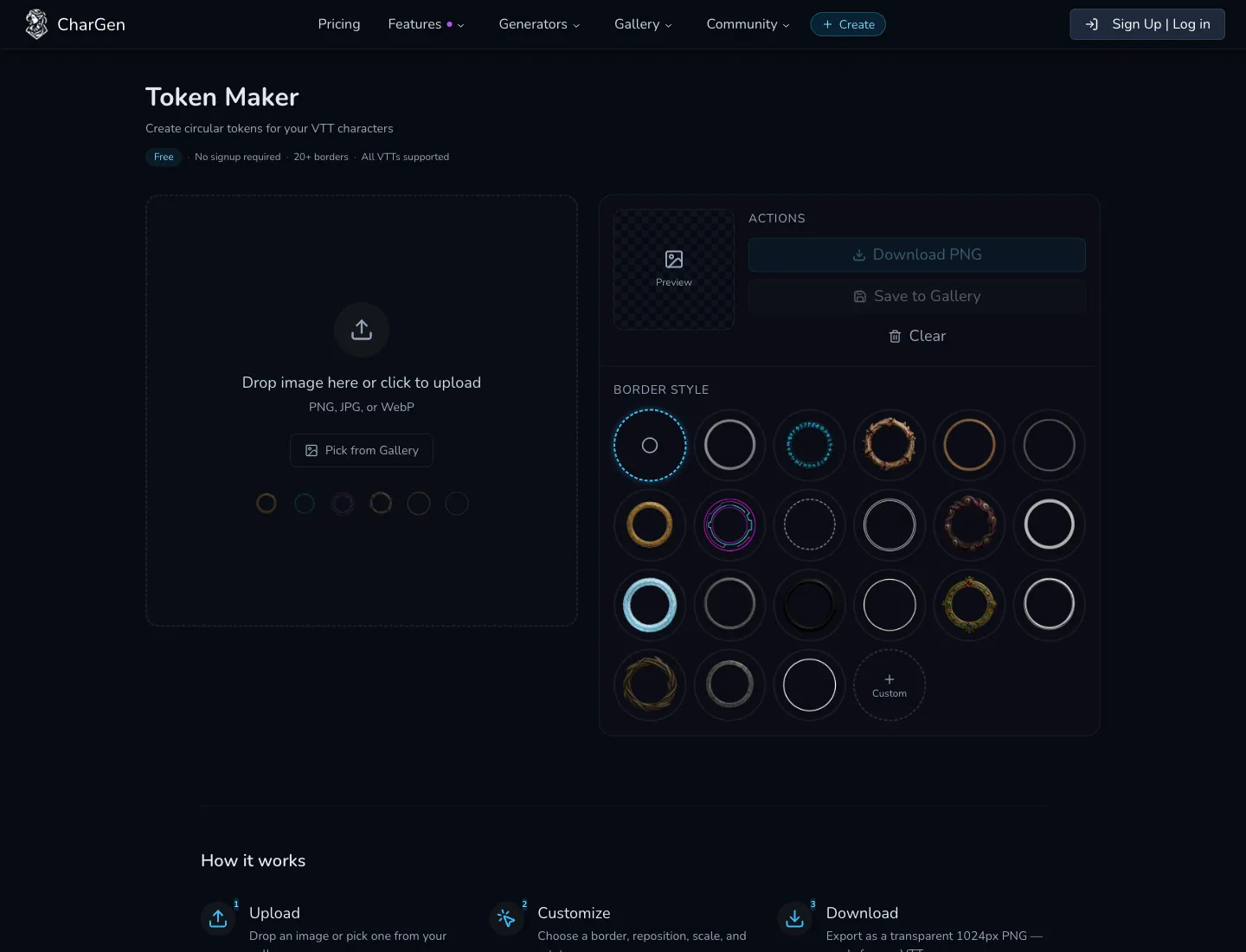 Token Maker panel showing upload area, border choices, and transparent PNG export actions